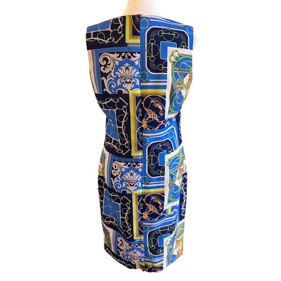 J. McLaughlin Belinda Dres Blue Multi‎ Heraldic Patchwork Pattern Size 6 NWOT - Picture 2 of 8